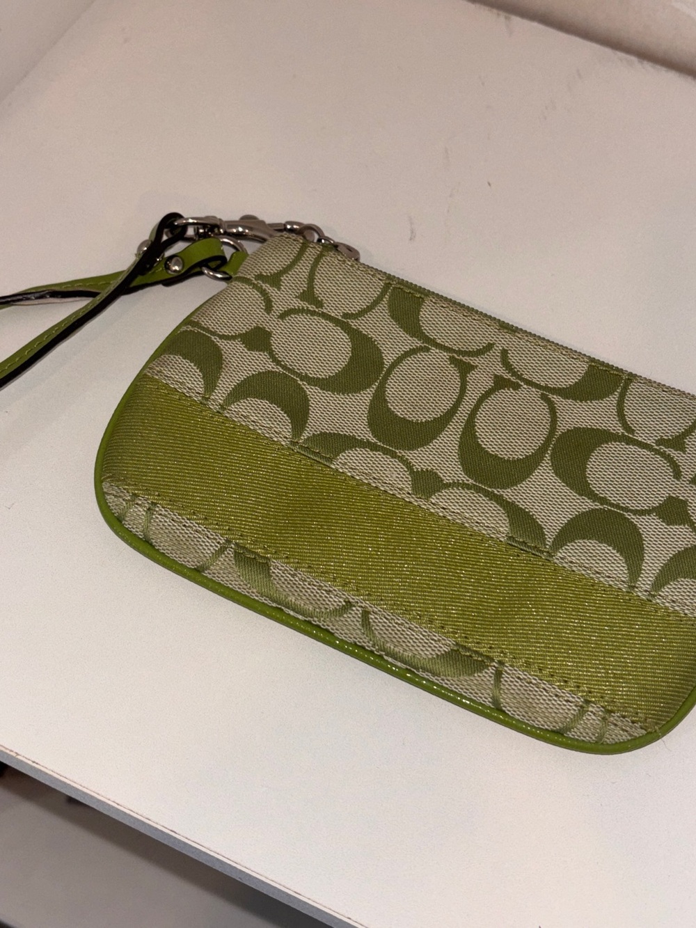 Coach Green Signature Canvas Wristlet with Olive Trim